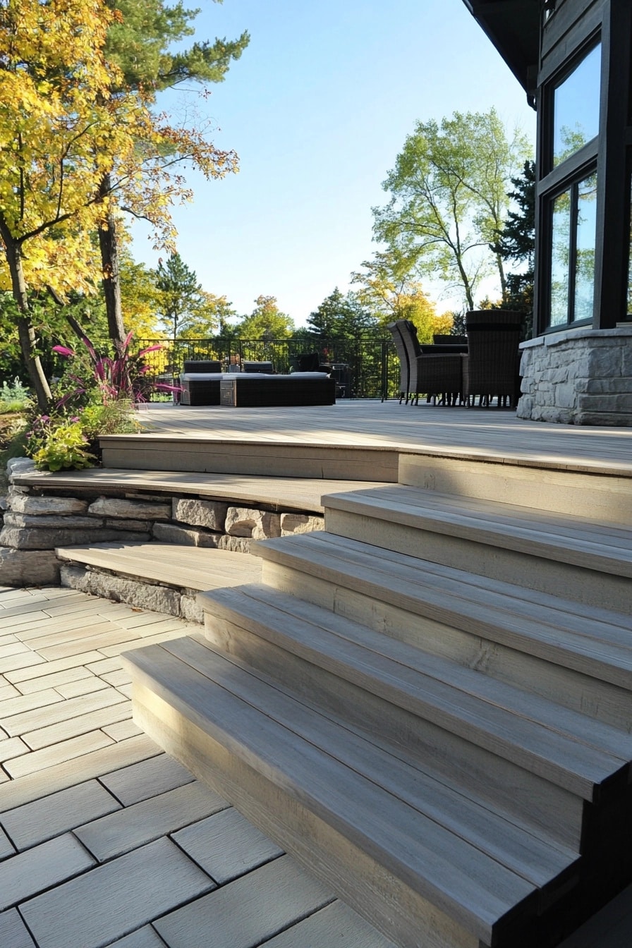 Wide wooden steps leading down from a multi-level wood deck to a light grey paver patio, surrounded by trees in early autumn.