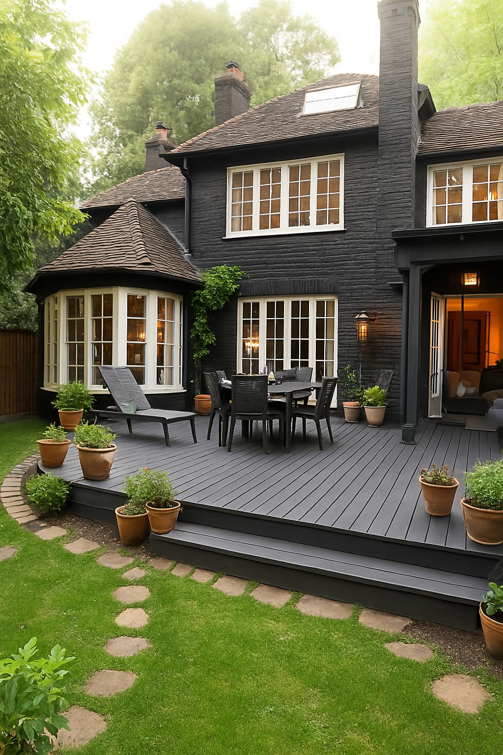 Dark grey composite deck extending from a traditional dark-painted house with white trim windows. Outdoor furniture includes a dining set and lounge chair, with potted plants.