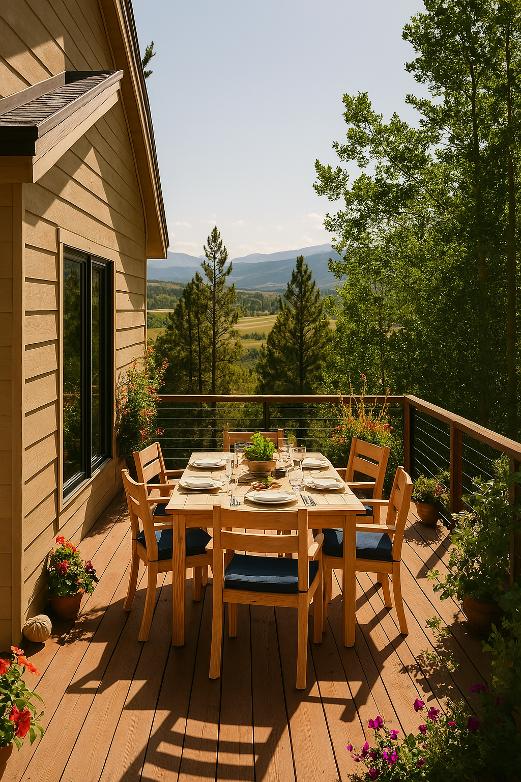 Wooden deck attached to a tan house, featuring a light wood dining table and chairs overlooking a stunning mountain and forest view. Potted flowers add color.