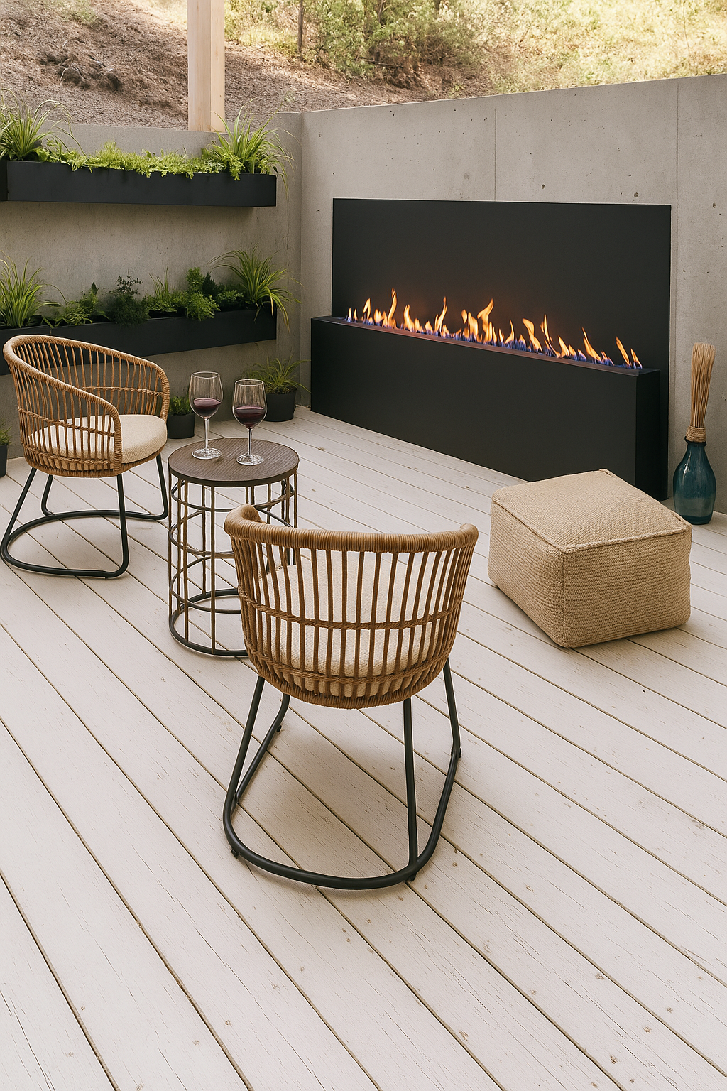Modern patio space with light wood decking, two wicker chairs, a small table, and a long, sleek black linear gas fire feature built into a concrete wall with integrated planters.