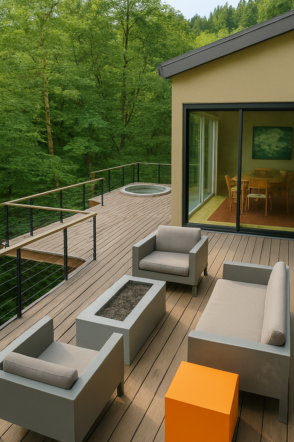 Modern deck with light wood composite decking, grey lounge furniture around a rectangular fire pit table, and a built-in hot tub overlooking trees.