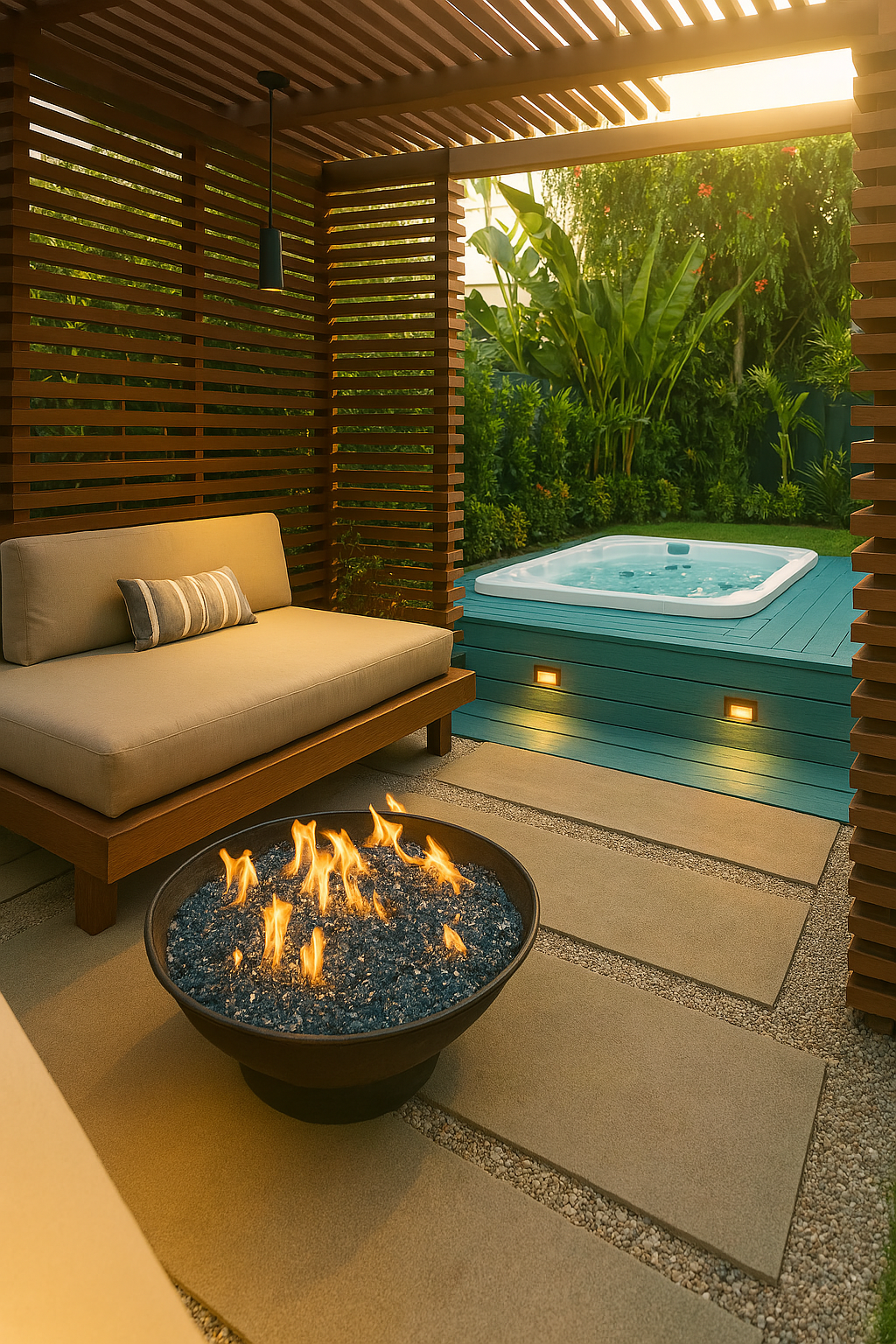 Backyard patio area with a modern fire pit bowl, a daybed under a slatted wood pergola, and a hot tub on a separate teal-painted deck platform.