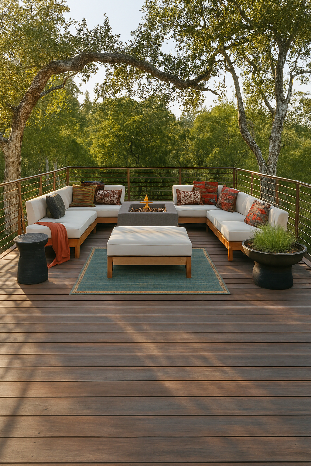 Large wooden deck overlooking trees, featuring a large white U-shaped sectional sofa surrounding a square concrete fire pit table.