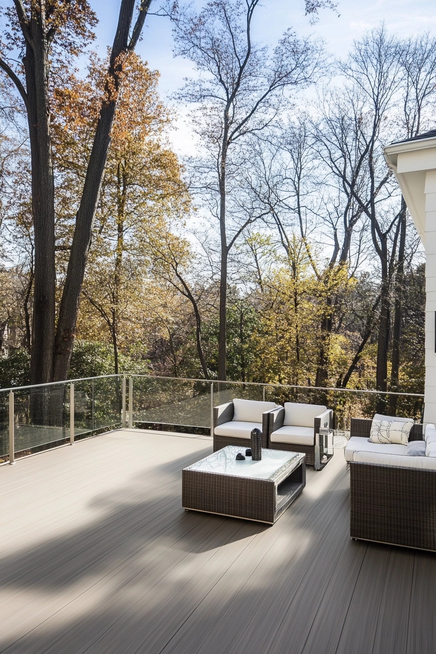 Modern composite deck with sleek grey wicker furniture and glass panel railings overlooking trees in autumn.