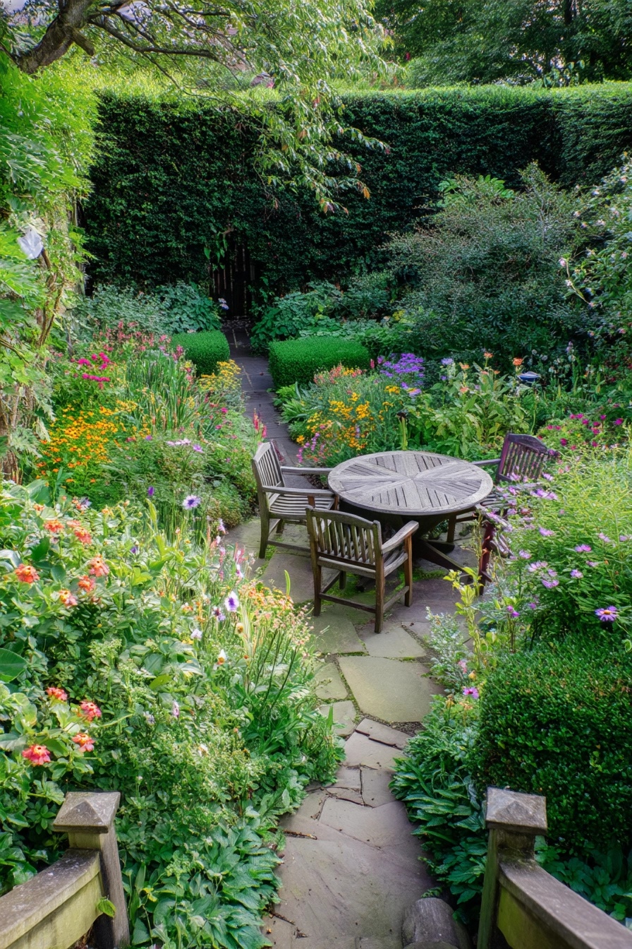 Overview of a small cottage garden featuring densely packed colourful flower beds surrounding a winding stone path and circular seating area.