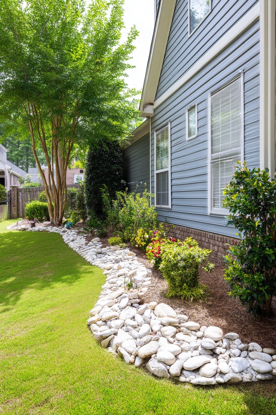Gently curving garden bed edged with white river stones along the side of a blue house, filled with shrubs and perennials separating it from the green lawn.