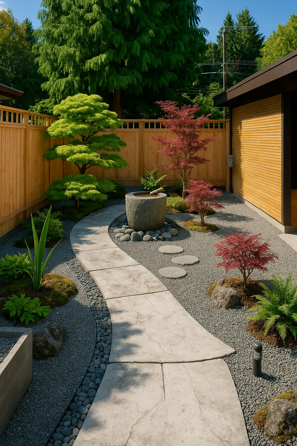 Curved stepping stone path leading to a traditional stone water basin (tsukubai) surrounded by gravel, maples, and ferns.